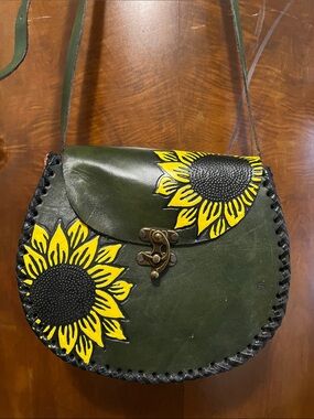 Hand-Painted Sunflower Green Leather Crossbody Bag